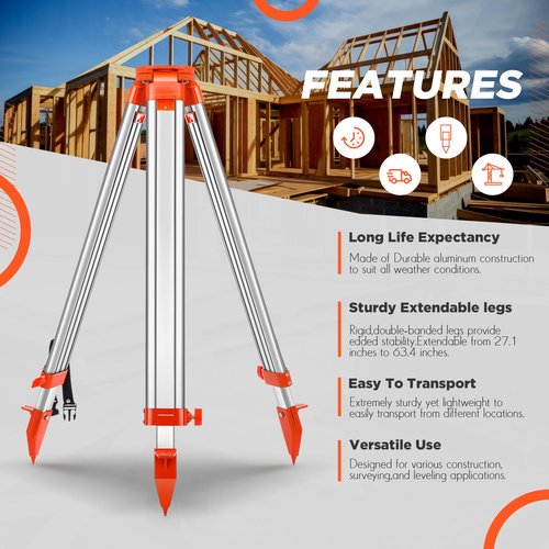 Saysurey Aluminum Survey Tripod Heavy Duty Construction Laser Level Tripod Stand with 5/8"-11 Thread Flat Head Quick Clamp Transit for Automatic Optical Level, Built in Strap