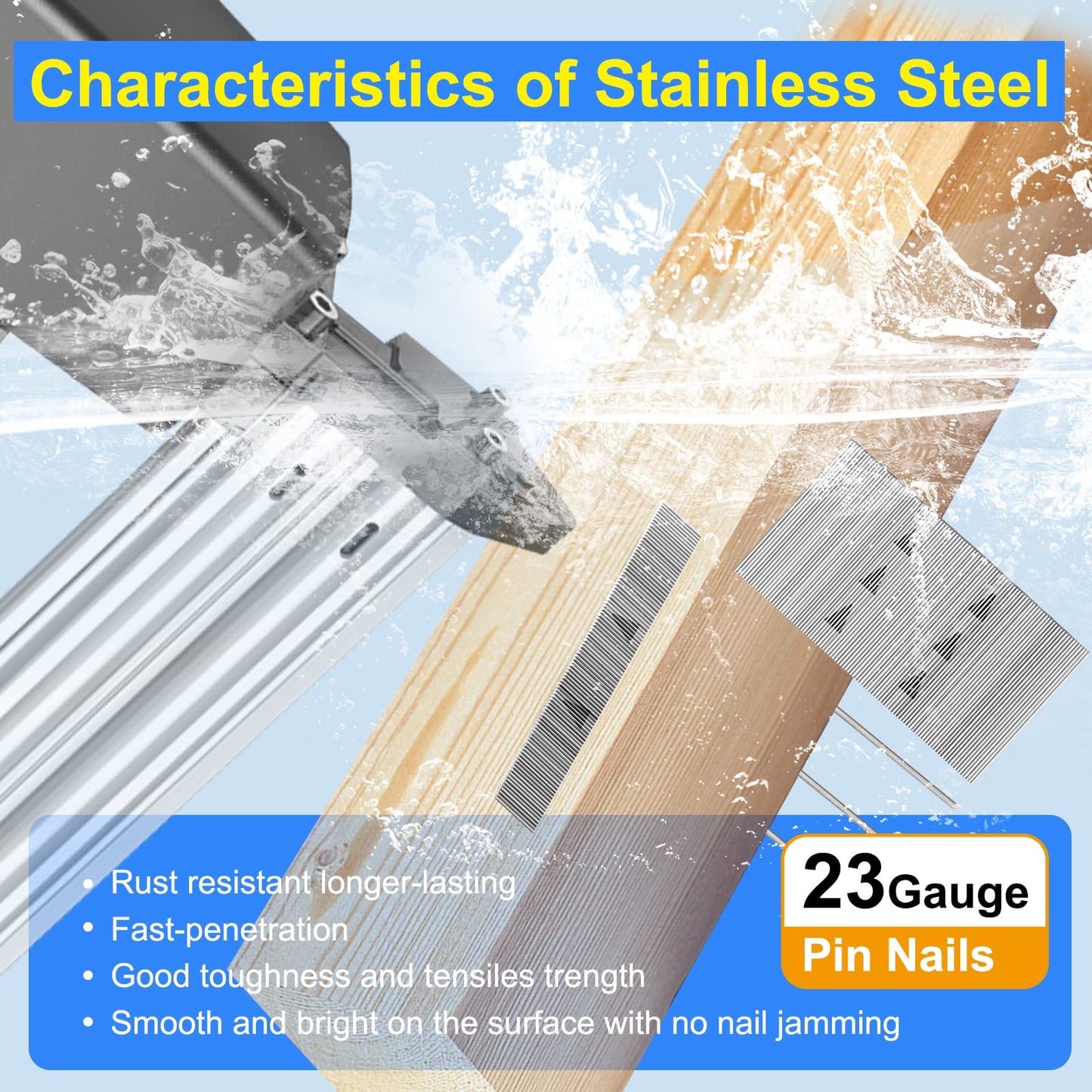 SimCos 23 Gauge Stainless Steel Pin Nails Headless Pinner Nails (3/8",9/16",3/4",1",1-3/8") Assorted 5 Sizes for Molding Cabinetry Building Assembly (5000)