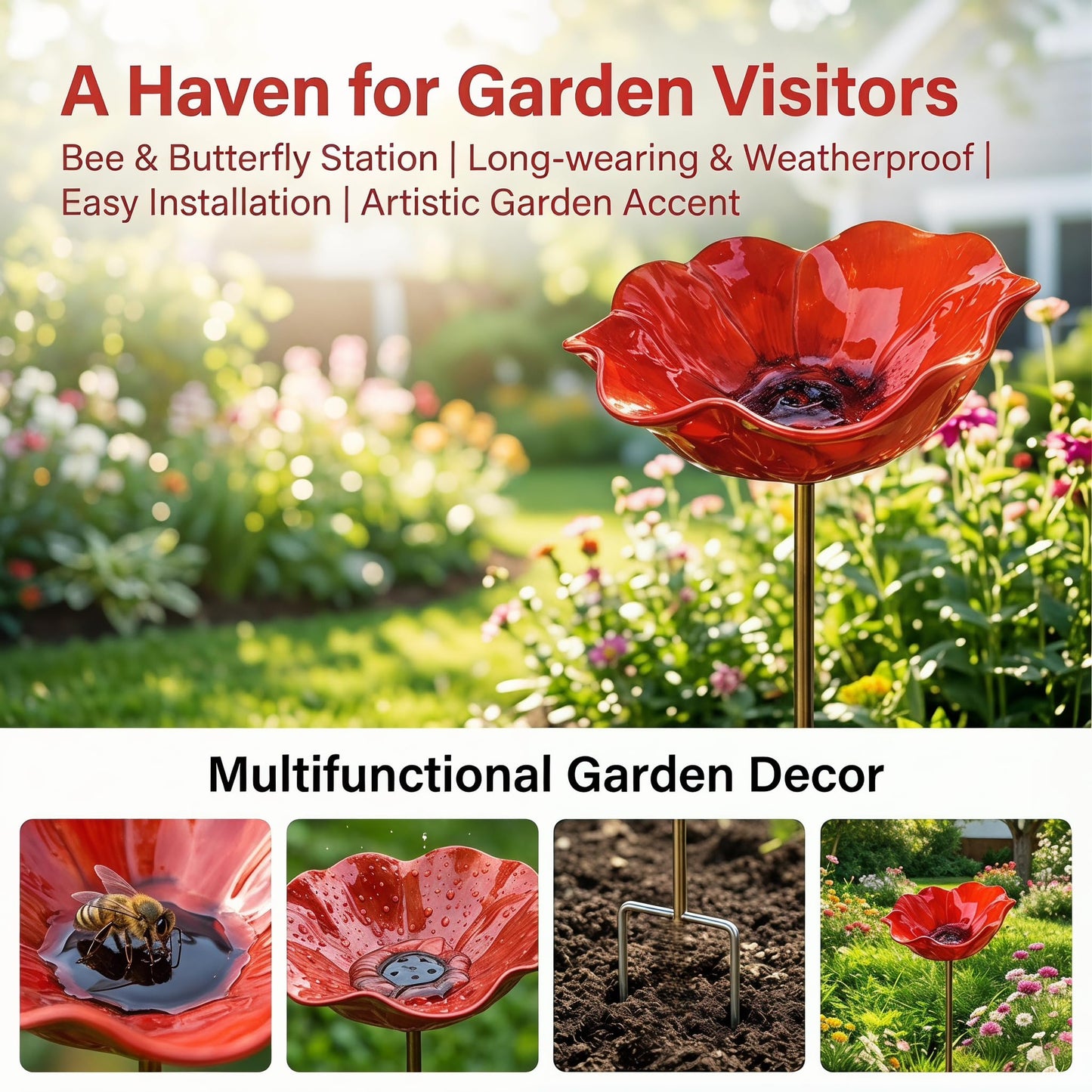 2026 Metal Flower Bird Bath, Bird Feeder & Bee Watering Station, Handmade Metal Flower Stand, Unique Garden Decor for Outdoor Yard. (Blue, 6 inches in Diameter)