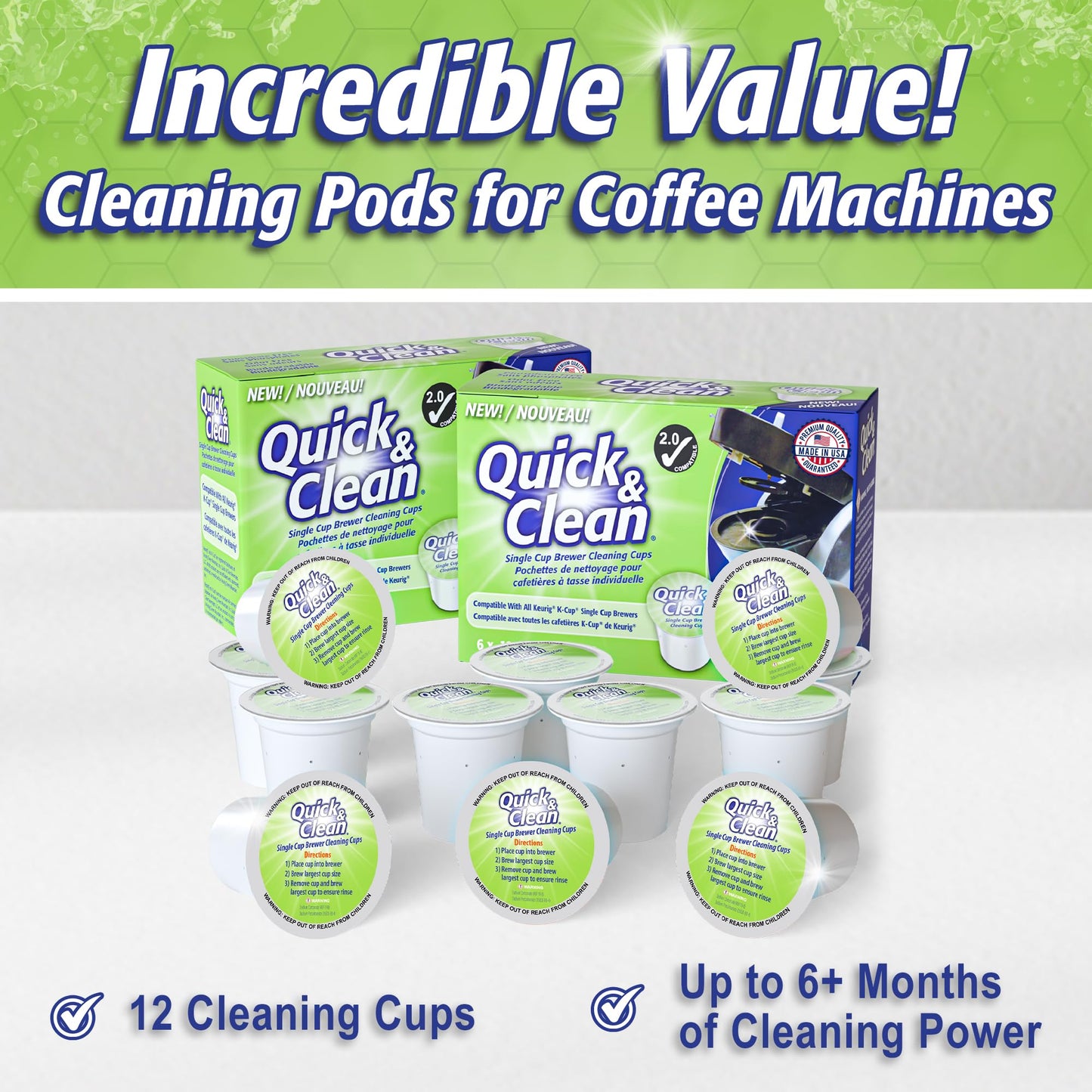 Quick & Clean [12-Pack] Keurig Cleaning Pods - K Cup Cleaner Pod For Keurig - 2.0 Coffee Machine Compatible, Removes Stains, Non-Toxic and Eco-Friendly