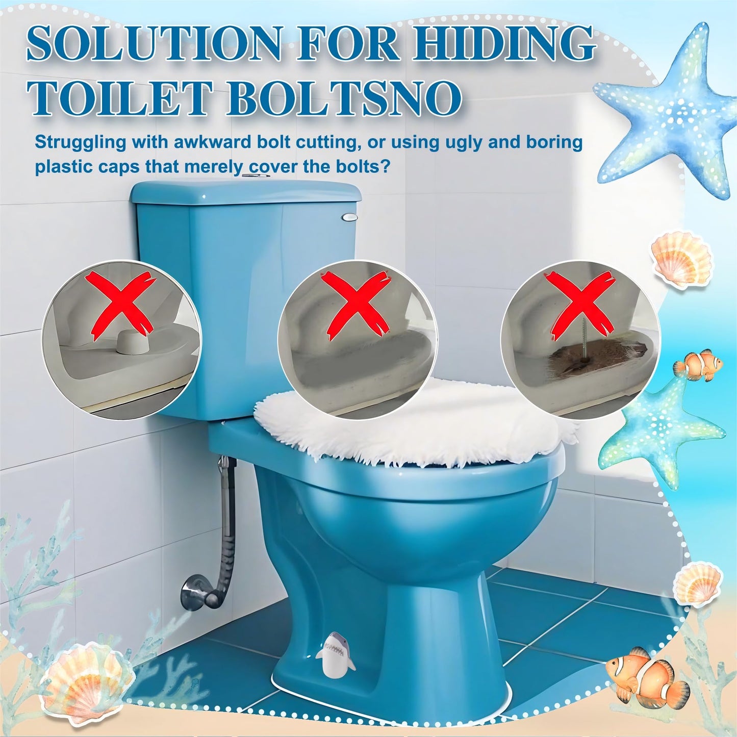 SRCVYLT 4 Pcs Toilet Bolt Covers Decorative, 2 Shark Toilet Bolt Caps with 2 Plastic Caps for Bottom, Cute Toilet Bolt Covers Set for Coastal Home Beach House, Easy to Install