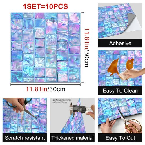 HOMETITUTE 10PCS 12x12 Inch Iridescent Glass Look Peel and Stick Floor Tiles Removable Self Adhesive PVC Vinyl Flooring Stickers Holographic Backsplash Tile for Bathroom Kitchen Decor