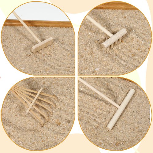Nogeqi 4 Pack Mini Rake Bamboo Zen Garden Tools, Small Sand Rake, Mini Garden Tools, Rock Zen Garden Accessories for Home Office Tabletop Decor (4 Style)