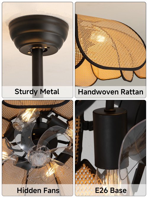 DARYEWO 26 Inch Fandelier Rattan Ceiling Fans with Lights and Remote,Boho Black Chandelier Ceiling Fan for Dining Living Room,Bedroom,Kitchen,4-Light