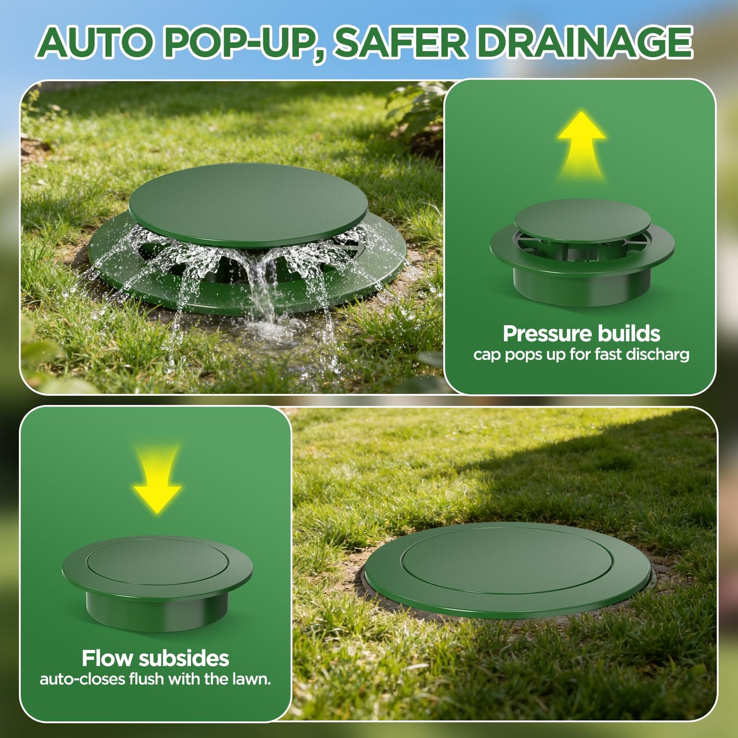 Pop Up Drainage Emitter, Fits 3-Inch and 4-Inch Sewer and Drain Fittings, Dual-Rod Outdoor Drain Cover for Yard Outlets, Downspouts, Channel Drains & Catch Basins