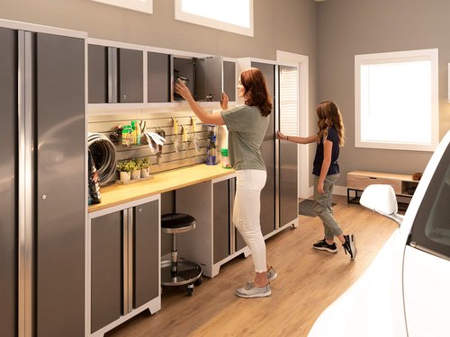 NewAge Products Bold Series White 9 Piece Set, Garage Cabinets, White with Bamboo Worktop, 54992