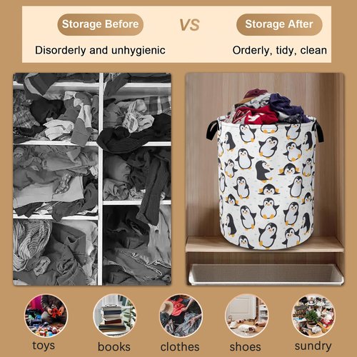 Cute Baby Penguins Laundry Basket,Collapsible Laundry Baskets with Handles,Waterproof Oxford Cloth Storage Basket 16"x20" for Bathroom/Bedroom/Dormitories