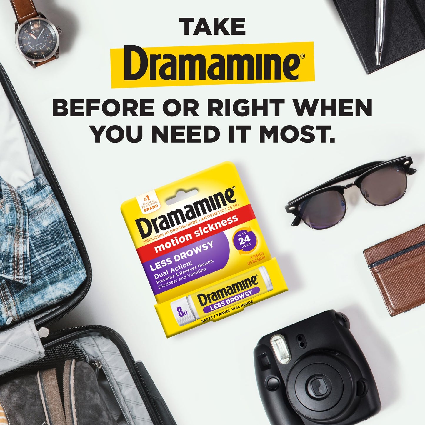 Dramamine Motion Sickness Less Drowsy, Travel Vial, Multicolor, 8 Count