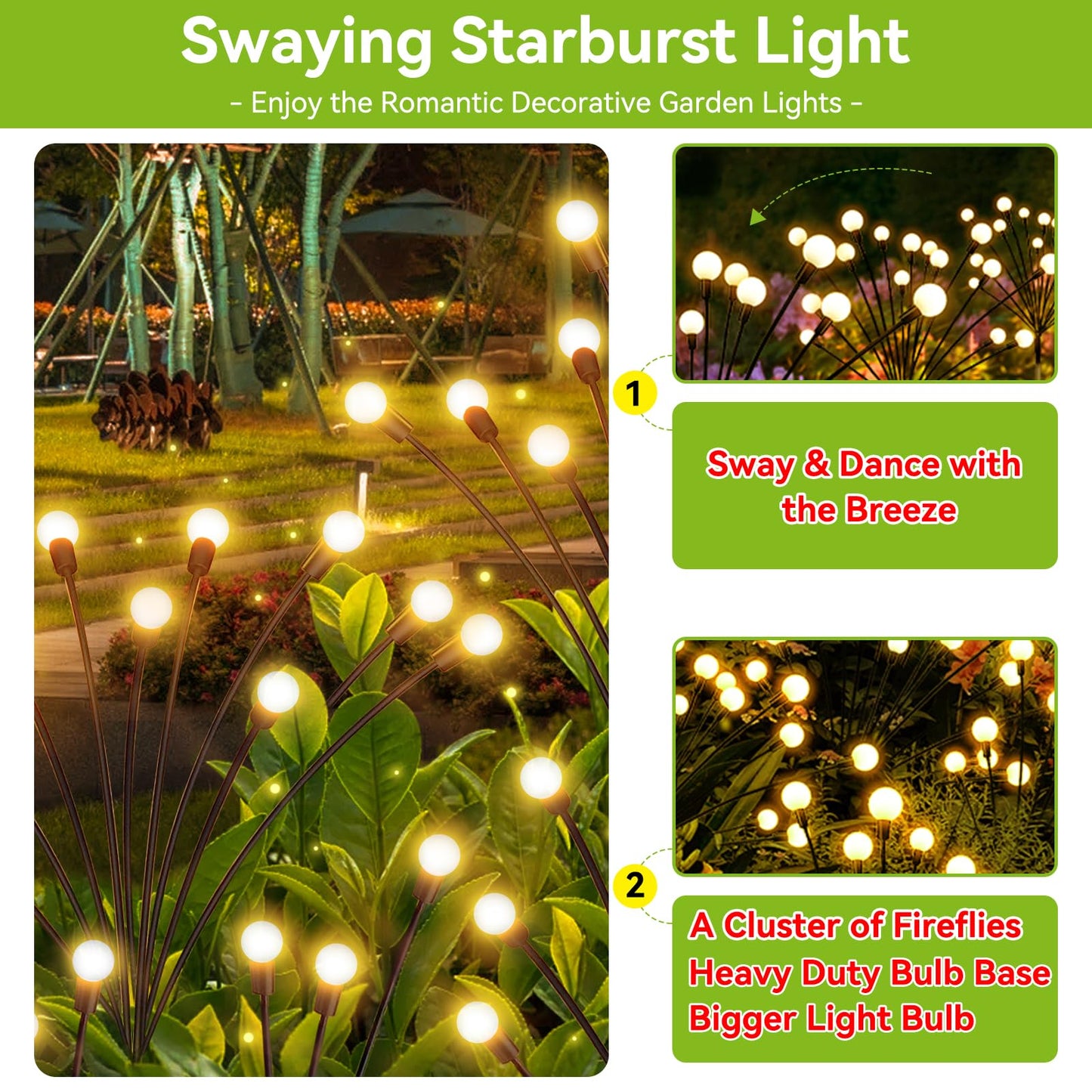 YShengMian Solar Garden Lights Outdoor Waterproof, 2 Pack 16 LED Swaying Light Firefly Light Outdoor Decor Lights for Garden Gifts for Pathway Party Christmas Decoration, Warm White