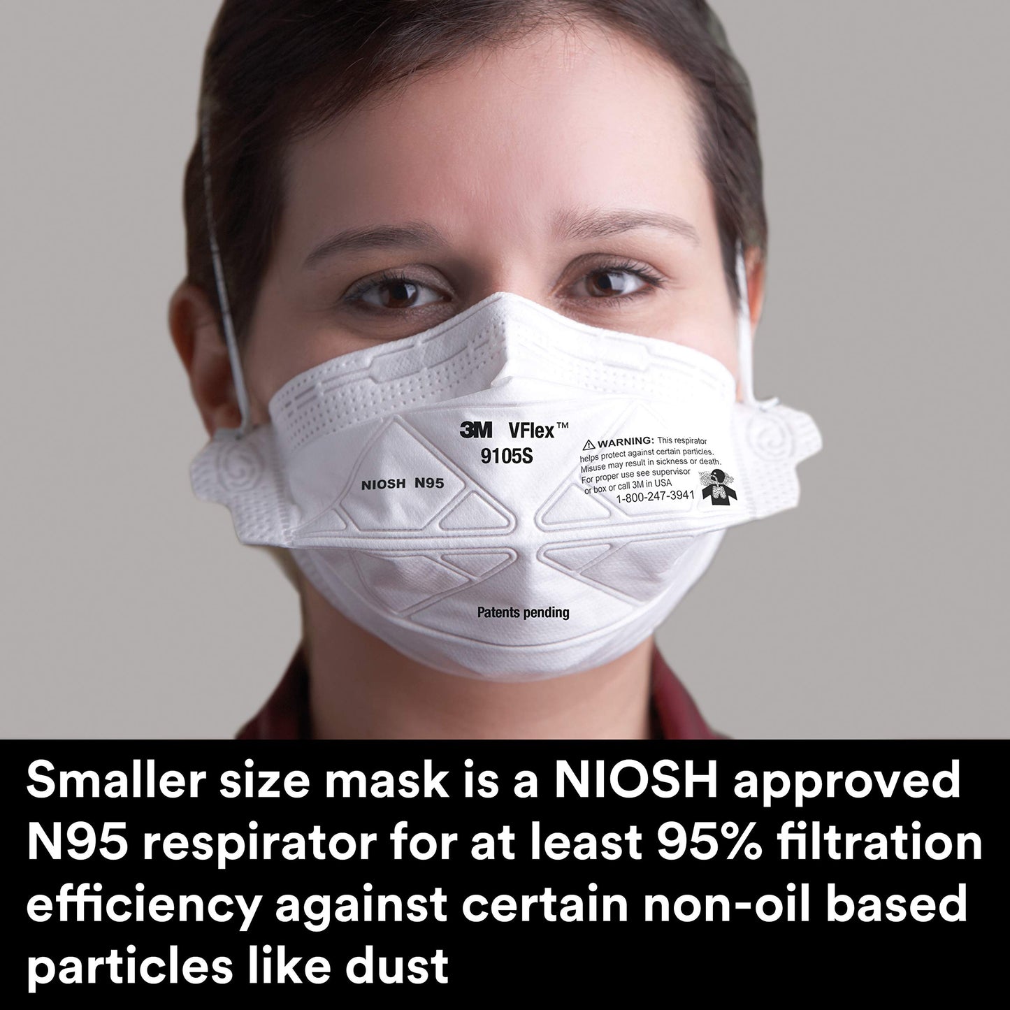 3M N95 Disposable Respirator, VFlex Particulate Respirator 9105S, Small Size, Box of 50, NIOSH Approved, Sweeping, Sanding, Grinding, Sawing, Bagging, Dust