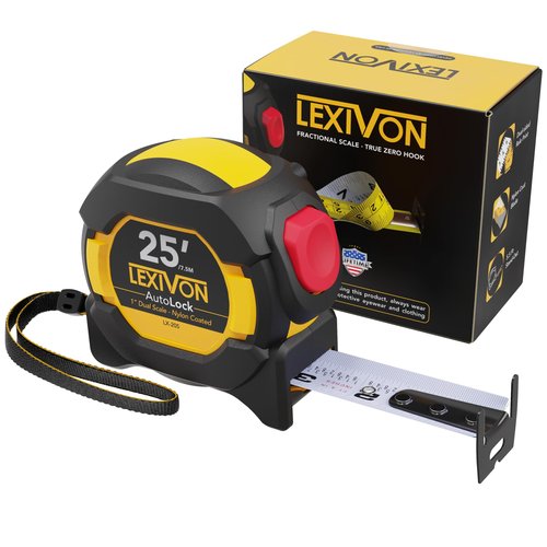 LEXIVON 25Ft/7.5m AutoLock Tape Measure | 1-Inch Wide Blade with Nylon Coating, Matte Finish White & Yellow Dual Sided Rule Print | Ft/Inch/Fractions/Metric (LX-205)