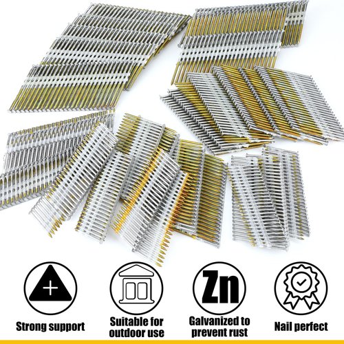 Therwen 1500 Count 21 Degree Framing Nails Ring Shank Nails for Use in All Pressure Treated Lumber, Flat D Head, Galvanized, Plastic Row Fixed (2,2-1/2,3 Inch)