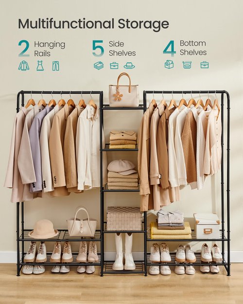 SONGMICS Wardrobe Closet, 72 Inch Large Portable Closet, Clothes Rack for Hanging Clothes,Heavy Duty Garment Rack, Storage Organizer with Shelves, 72 x 11.4 x 62.4 Inches, Black ULGR463B01