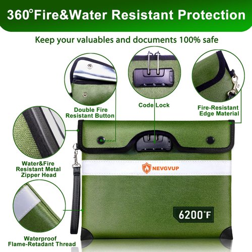 Upgraded 6200F Fireproof Document Bag with Lock, Fireproof Money Bag for Cash with Zipper/Reflective Strip, 9 Layers of Heat Insulated Materials, Water Resistant, Safe