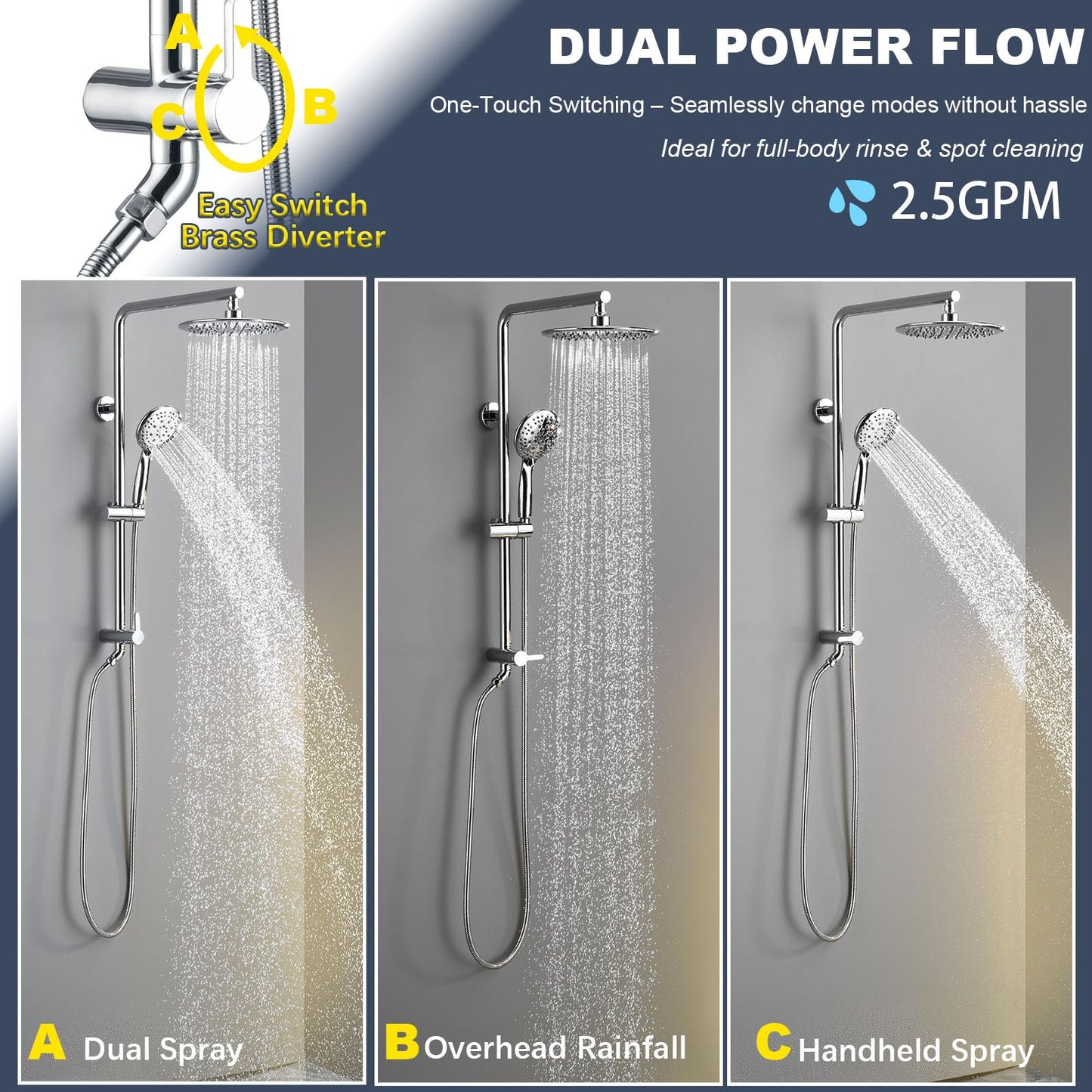SonTiy 9" Shower Head with Handheld Spray, Rain Shower Heads System, 5 Spray Mode Handheld, Modern Shower System with Easy Reach Diverter, 72'' Hose and Height Adjustable Holder, Chrome
