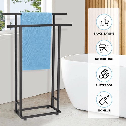 Standing Towel Racks for Bathroom, 2 Tier Bathroom Floor Free Standing Towel Rack, Tall Enough Pool Bath Drying and Dispaly Outdoor Stand for Storage, Black Freestanding Blanket Holder, ALHAKIN