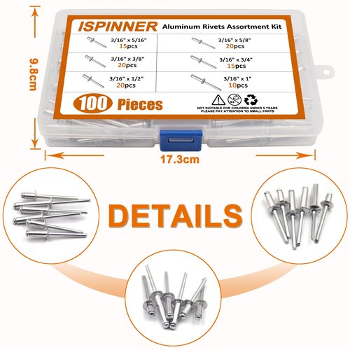 ISPINNER 100pcs 6 Sizes Aluminum Blind Rivets, Pop Rivets Assortment Kit 3/16" x (5/16" 3/8" 1/2" 5/8" 3/4" 1")(Silver)