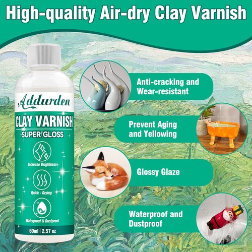 Addurden Air Dry Clay Varnish Glaze with 2 Brushes, Polymer Acrylic Varnish for Ceramics, Oil Painting, Wood, Waterproof, Preventing Crazing & Yellowing, High-Gloss Effect (Varnish-60ml)