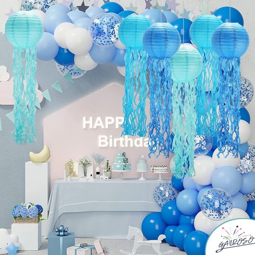 Jellyfish Paper Lanterns,Under The Sea Party Decorations 6Pack with String and Hooks,Hanging Jelly Fish for Mermaid,Ocean Themed,Birthday,Party(Blue 8Inch)