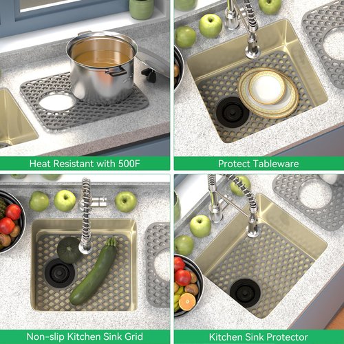 TOOVEM Kitchen Sink Mats, 2PCS Non-Slip Heat Resistant Silicone Sink Protector Mat, Folding Farmhouse Rear Drain Sink Mats, Side Drain, Grey
