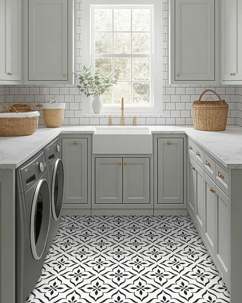 MORCART Peel and Stick Floor Tile - Vinyl Flooring Self Adhesive DIY: Square White+Black Flowers 7.87" x 7.87" 20 PCS, Waterproof and Removable Tile Sticker for Kitchen, Bathroom, Staircase FT-1626