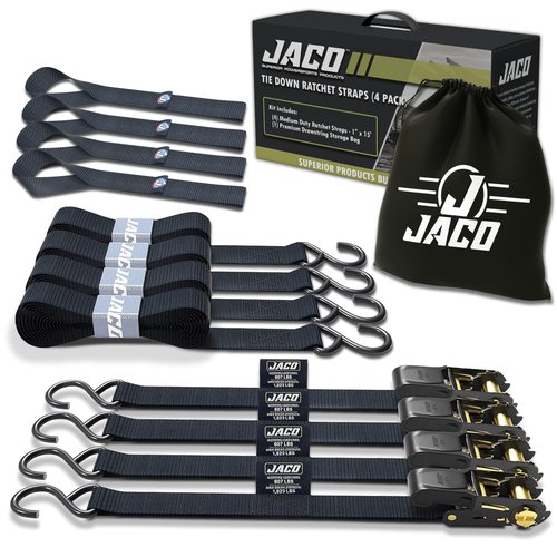 JACO Ratchet Tie Down Straps - 1 inch x 15 ft (Pack of 4) | 1,823 lbs (Black)