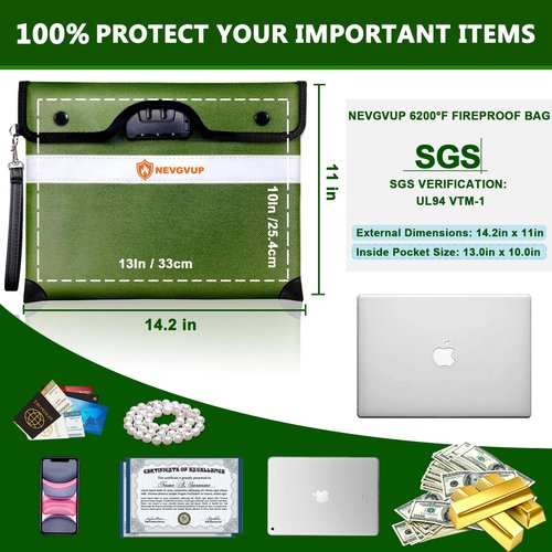 Upgraded 6200F Fireproof Document Bag with Lock, Fireproof Money Bag for Cash with Zipper/Reflective Strip, 9 Layers of Heat Insulated Materials, Water Resistant, Safe