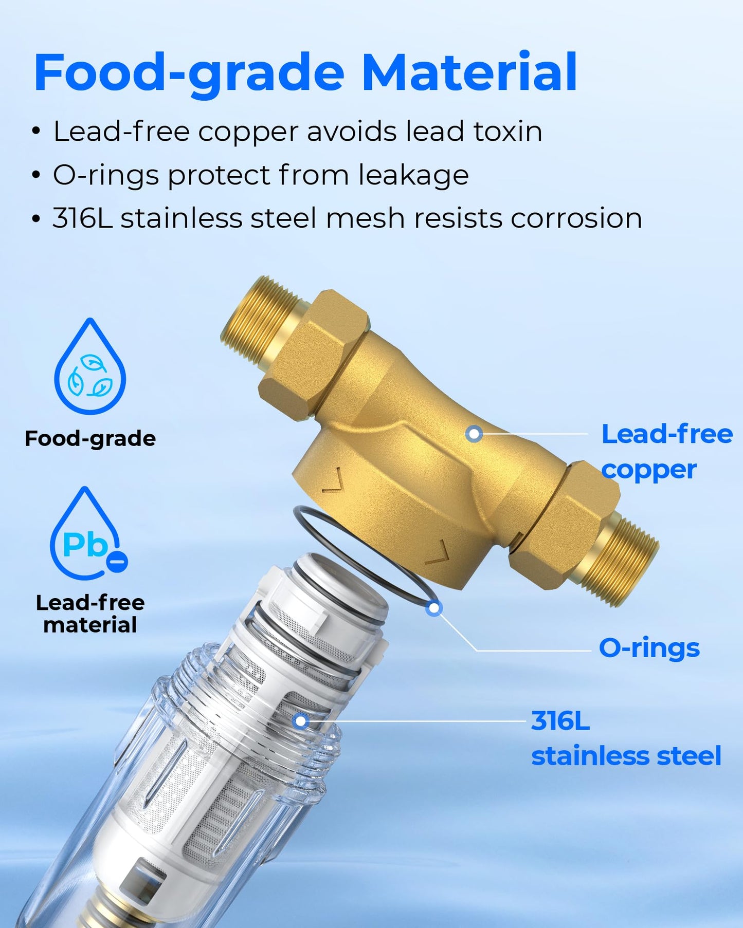 Waterdrop Spin Down Sediment Filter, Backwash Whole House Water Filter System for Well Water, 40-50 Micron, 1" MNPT + 3/4" FNPT + 3/4" MNPT, Traps Sand, BPA Free, WD-RPFK