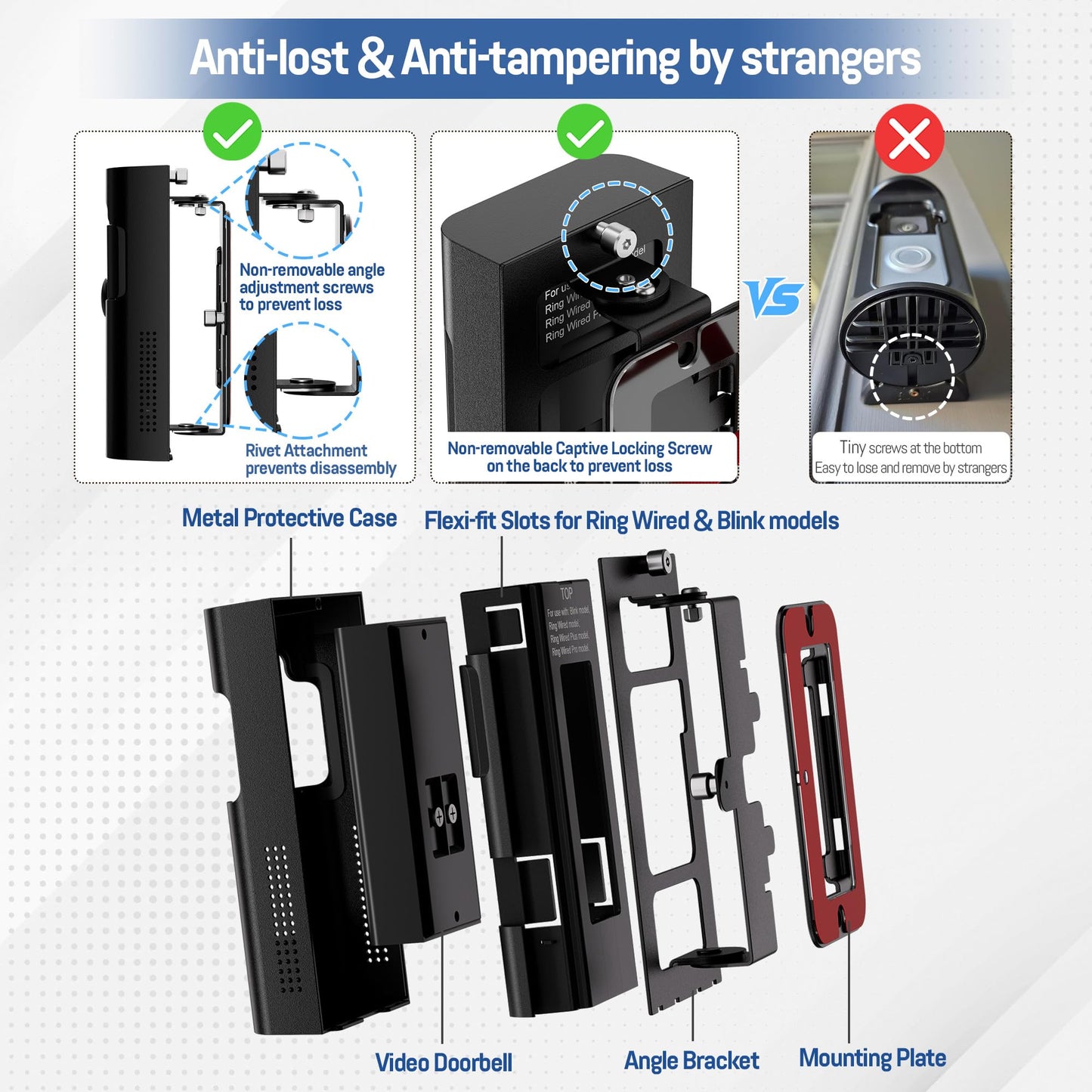 Adjustable Ring Doorbell Angle Mount - All Metal Ring Corner Mount Kit - Ring Doorbell Holder Swivel Mounting Bracket for Brick Wall Drilling & No Drill Adhesive Installation