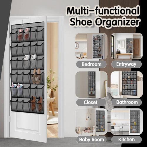 Kotkn Over the Door Shoe Organizer with 30 Breathable Mesh Pockets - Large Capacity Closet Storage for Men & Women, Hanging Shoe Rack Organizer -Gray