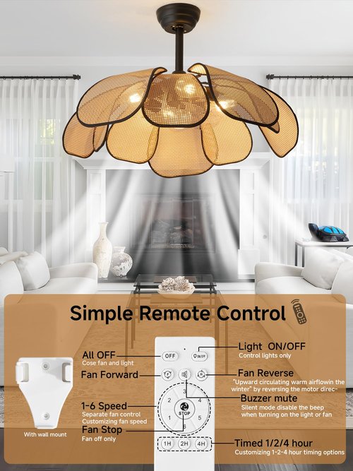 DARYEWO 26 Inch Fandelier Rattan Ceiling Fans with Lights and Remote,Boho Black Chandelier Ceiling Fan for Dining Living Room,Bedroom,Kitchen,4-Light