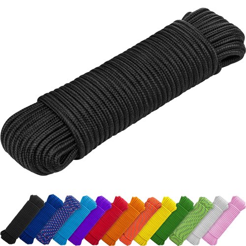 TECEUM 1000lb Rope – 1/4” & 3/8” – 90 FT | 150 FT – Strong All-Purpose Utility Rope – Camping, Crafting, Flag Pole, Indoor & Outdoor – Polypropylene Nylon Poly Lightweight Diamond Braided Cord – Black