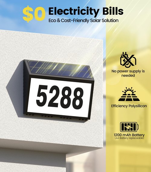 GEAGMAGC Solar House Numbers for Outside Light up, LED Illuminated Home Number Address Sign Plaque Waterproof for Yard, Wall-Mounted or Floor-Plugged- Black