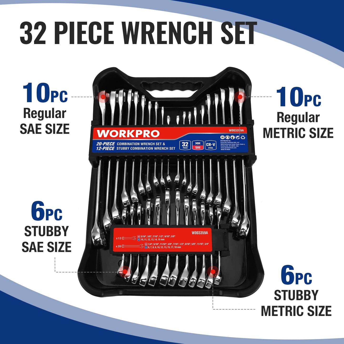 WORKPRO 32-Piece SAE & Metric Combination Wrenches Set, 20-Piece Standard wrenches and 12-Piece Stubby Wrenches with Organizer Tray, Cr-V Steel Mirror Chrome Polished