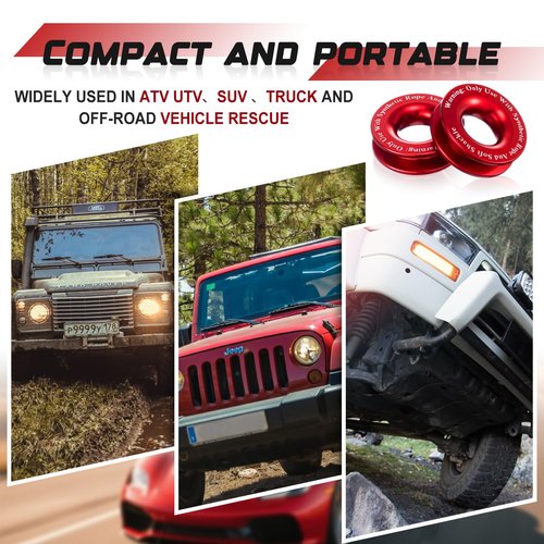 Otoolling 2 Pcs Winch Snatch Recovery Ring Block Pulley 66, 000 Lbs Compatible for SUV UTV ATV Off-Road Vehicle and Truck Pulley Towing Ring for Synthetic Rope and Soft Shackle(Red)