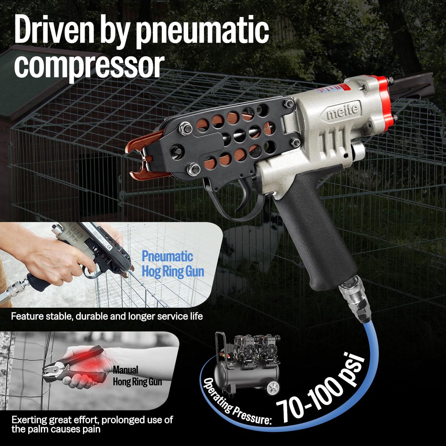 meite SC7C-I2 Pneumatic Hog Ring Gun with 2000 PCS 15GA Hog Rings, 15 Gauge 3/4" Crown Hog Ring Pliers, 5.5-6.0 mm Closure, Upgrade Trigger Air C Ringer Pliers for Mattress, Seat Assembly