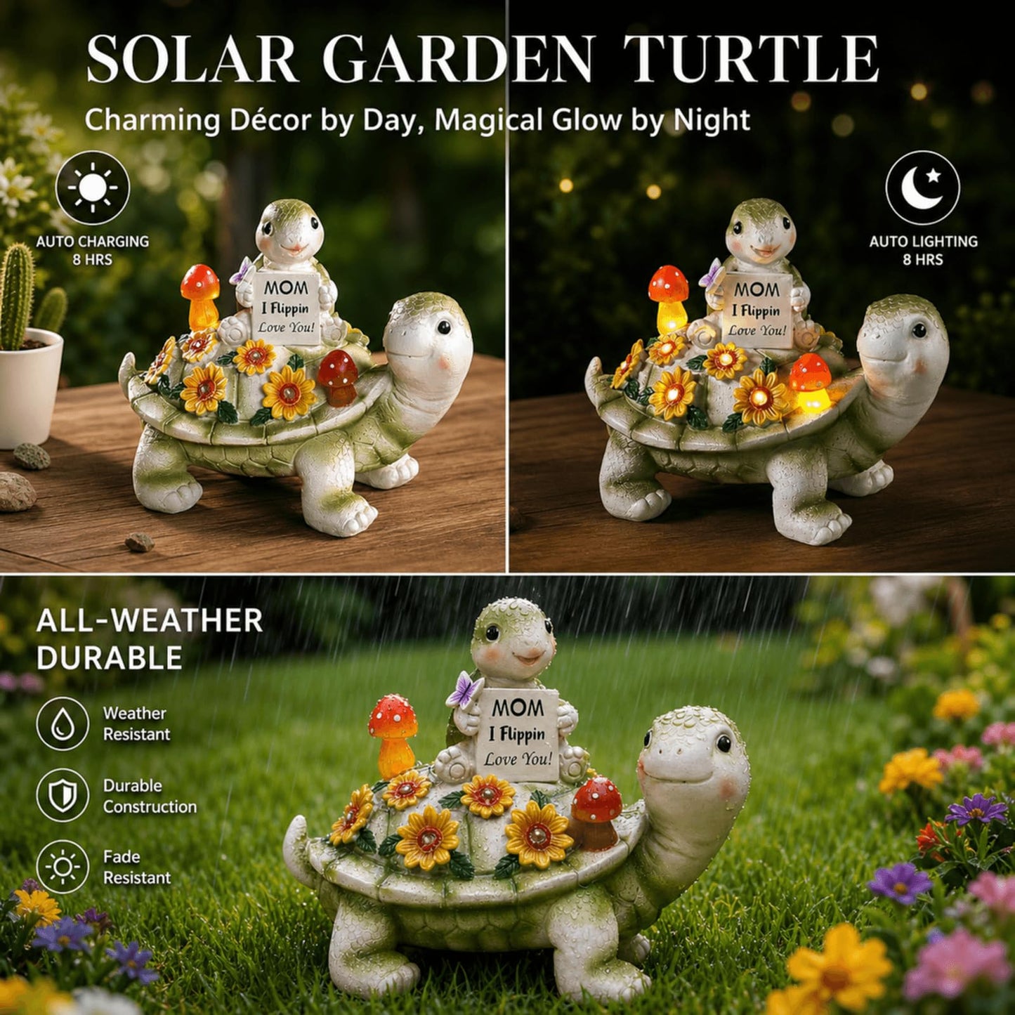 Season 2 Season Solar Turtle Garden Statue 7.5 inches, I Flippin Love You Tortoise Figurine with 7 LED Lights, Outdoor Lawn Decor for Patio, Yard, Balcony, Birthday for Mom, Grandma, Women