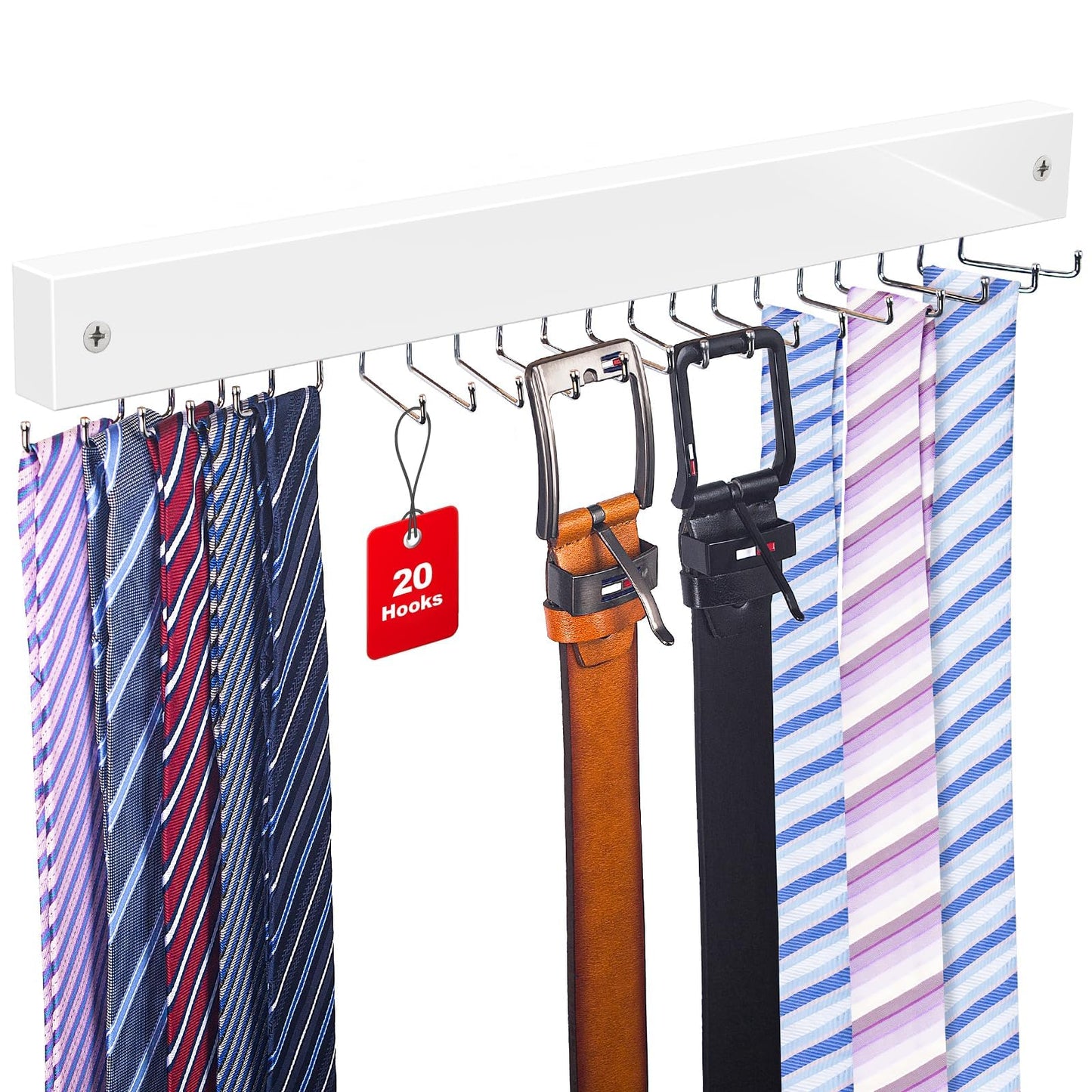 Tie Rack Wall Mounted, Belt Rack Tie Organizer for Men with 20 Storage Hooks, Non Slip 180 Degree Rotating Tie Holder Belt Hanger for Closet/Wall Mount