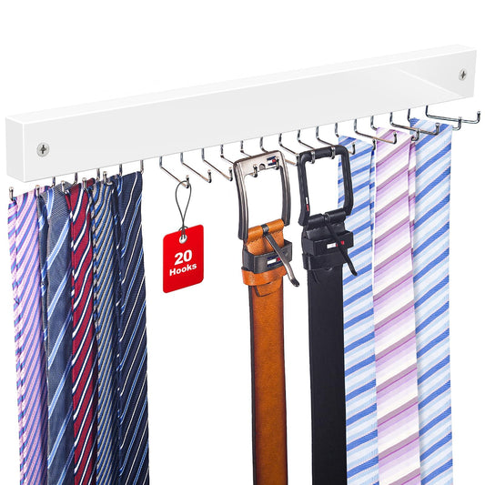 Tie Rack Wall Mounted, Belt Rack Tie Organizer for Men with 20 Storage Hooks, Non Slip 180 Degree Rotating Tie Holder Belt Hanger for Closet/Wall Mount