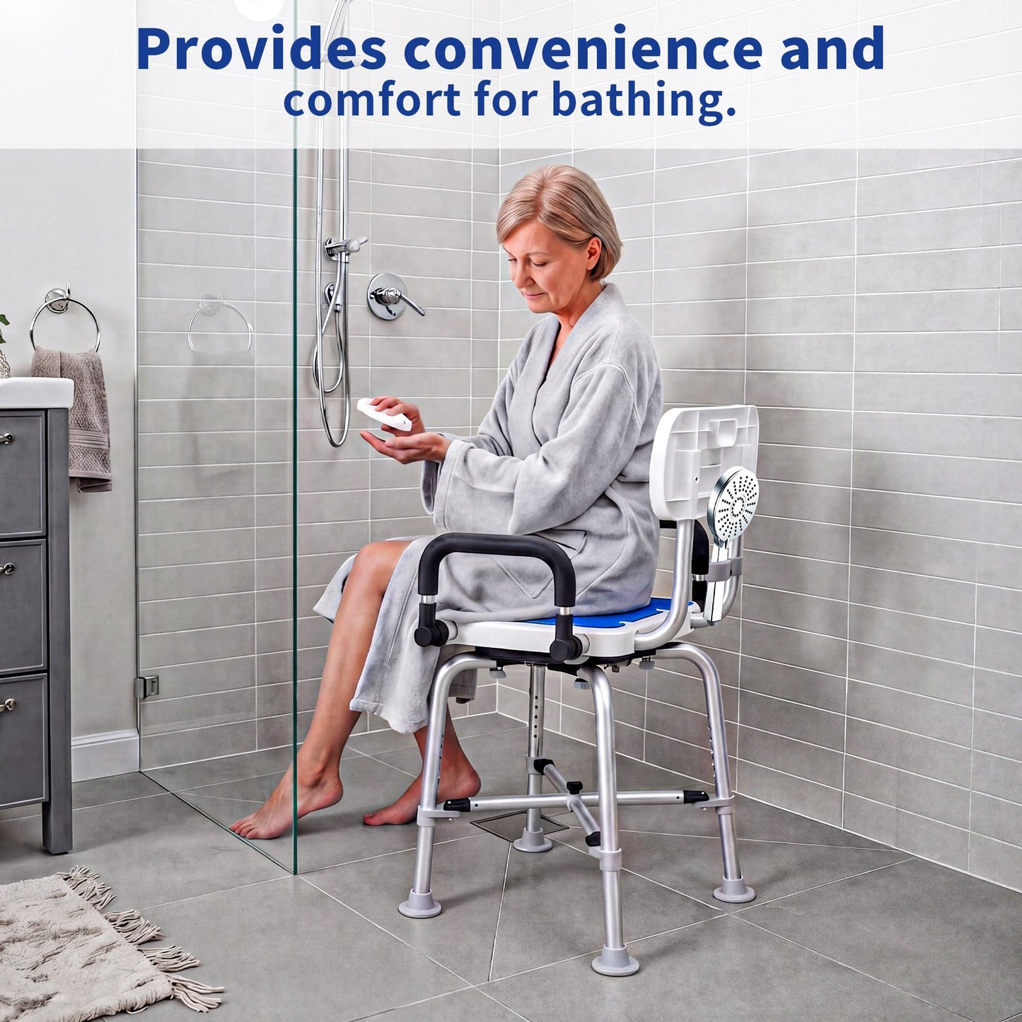360° Swivel Shower Chair with Arms and Back, Heavy Duty 500 lbs Bariatric Bath Bench for Seniors Elderly Disabled Adults, Upgraded Adjustable Height Shower Stool for Inside Shower Stall