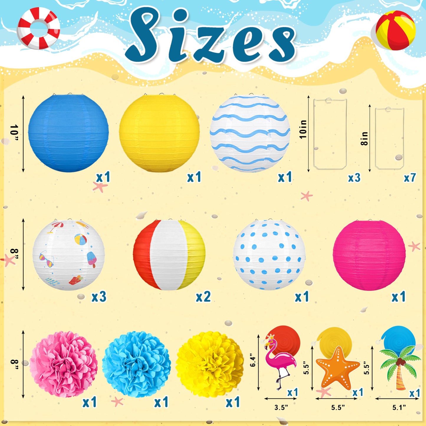 16Pcs Summer Party Decorations Paper Lanterns Pom Poms Hanging Swirls - Beach Pool Luau Hawaiian Tropical Hanging Decor for Home Birthday Outdoor Indoor