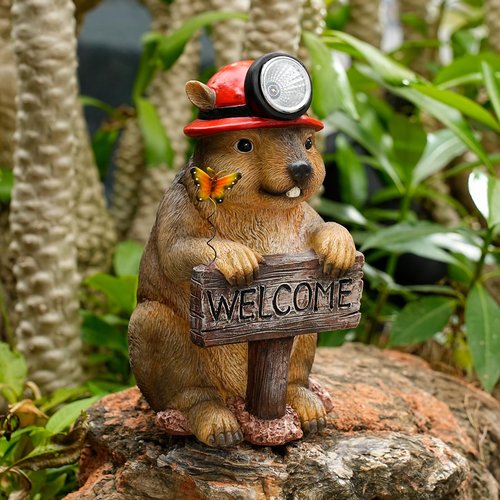 TOLIMI Groundhog Welcome Garden Statue with Solar Headlamp – Funny Animal Outdoor Yard Decor with LED Light and Butterfly – Waterproof Resin Garden Ornament for Patio, Lawn, Pathway