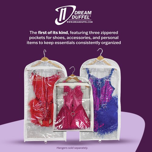 Clear Garment Bags for Dance Costumes 3-Pack, Short-Size, Side Zipper Entry, Storage Pockets for Shoes & Accessories, Size 24”x18”, Dream Duffel