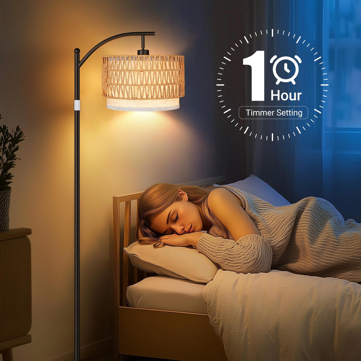 ROTTOGOON Rattan Floor Lamps for Living Room, Boho Standing Lamps with Rattan& Linen Double Shades, Arc Lamps Floor Standing with 9W Bulb, Foot Switch, Bohemian Floor Lamps for Bedroom, Office-Drum