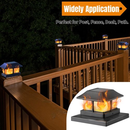 Dynaming Solar Flame Post Cap Lights Outdoor, Solar Powered Fence Post Light, Flickering Flame LED Lantern Lamps Waterproof for Garden Deck Patio, Fit 4x4, 5x5 or 6x6 Vinyl/Wooden Posts, 6 Pack