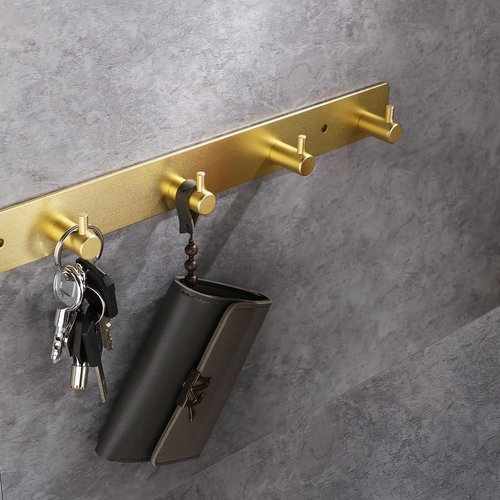 WNEBATH Gold Wall Hooks, Brushed Gold Bathroom Hook Rail, Self Adhesive 6 Hooks Key Hook Rack Hanger Towel Robe Stick Hooks for Toilet Entryway Hallway Kitchen Wall Mounted