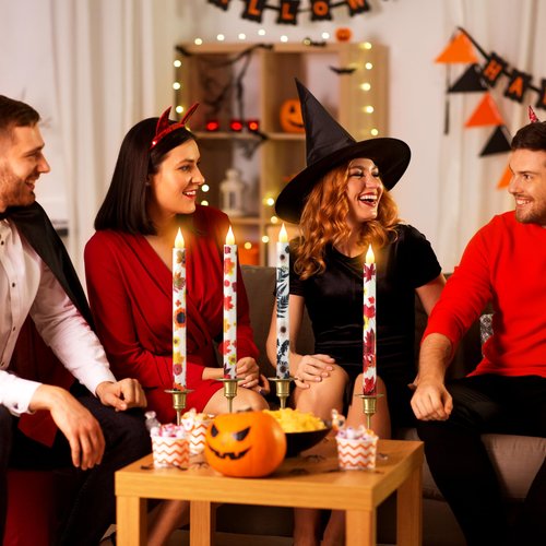 6PCS Flameless LED Taper Candles - Fall Maple Leaf Decor, Fall Decorative Candles with Wax Coating and Autumn Floral Prints Perfect for Table, Party, Banquet, Batteries Required (Not Included)