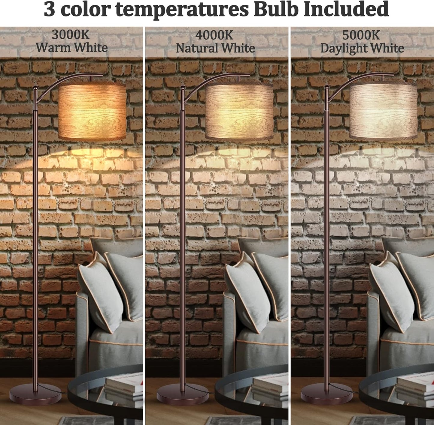 ROTTOGOON Floor Lamp for Living Room with 3 Color Temperatures LED Bulb, Standing Lamp Tall Industrial Floor Lamp Reading for Bedroom, Office (9W LED Bulb, Beige Lampshade Included) -Black