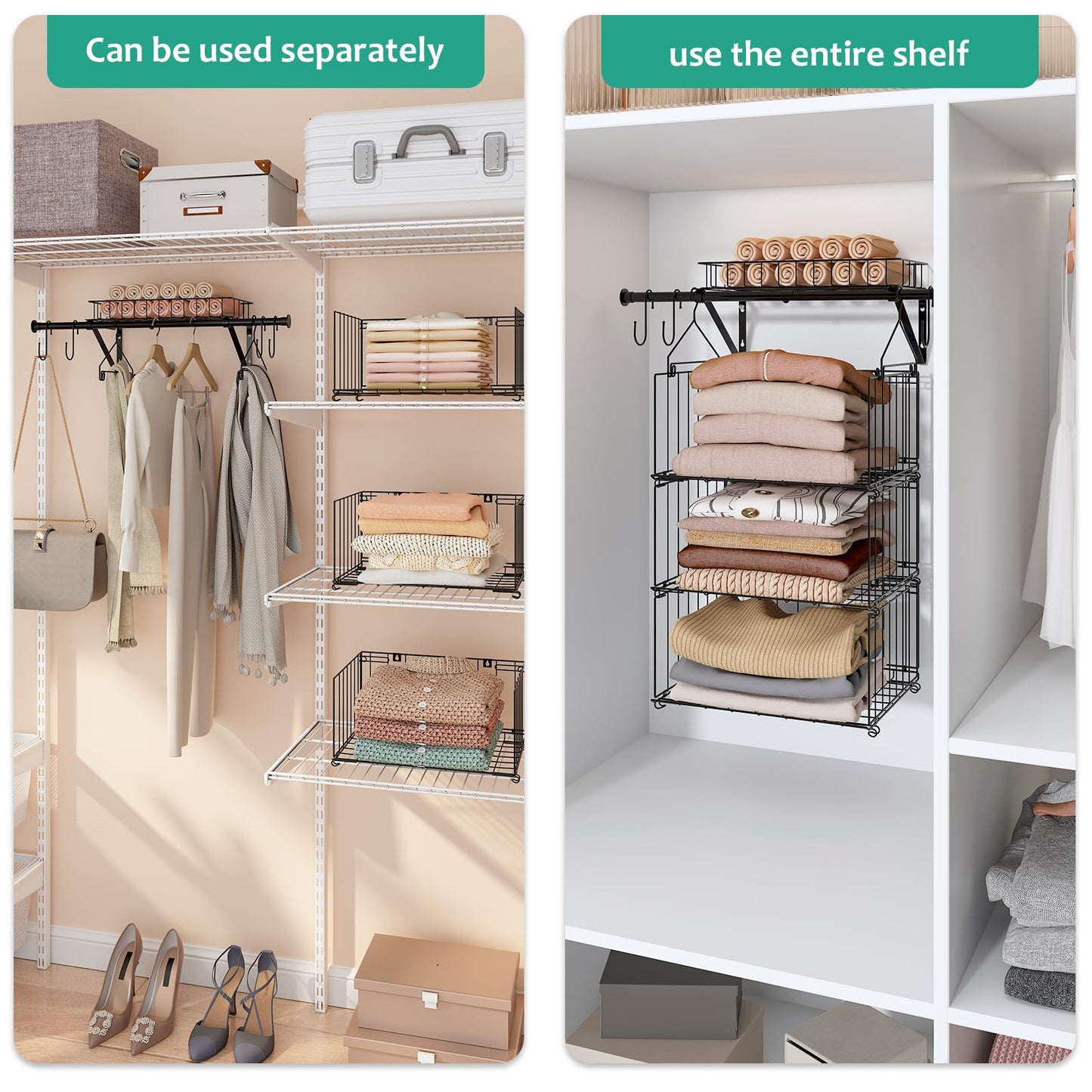 BUKFEN 3 Tier Hanging Closet Organizer, Wall Mounted Wire Storage Shelf with 4 Hooks, Foldable Stackable Organizer for Laundry Room, Bedroom, Bathroom, 1 Pack