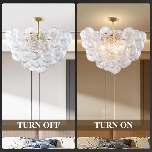 BeyPan Semi Flush Mount Ceiling Bubble Ball Chandelier Lighting Dia 20 Inch Gold Clear Ribbed Blown Glass Chandeliers Ceiling Mount Light Fixtures for Bedroom, Living Room, Entry, Bathroom